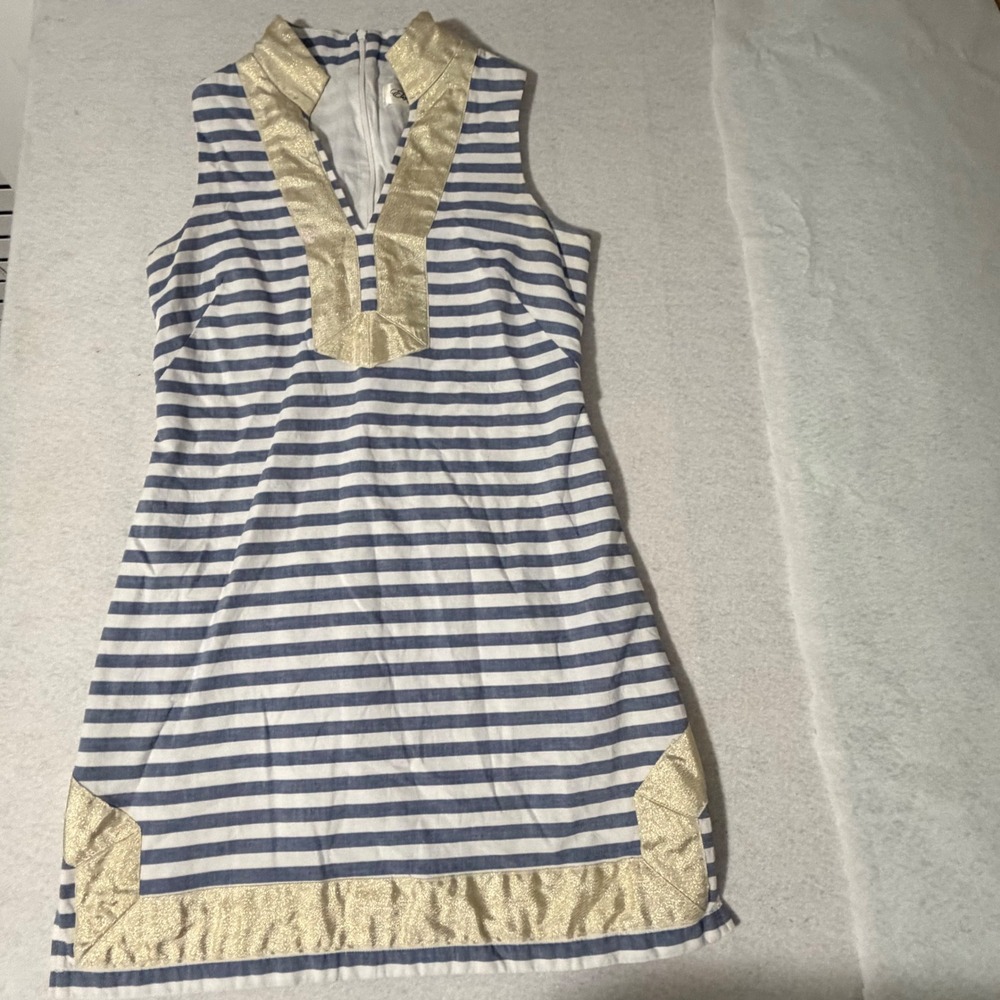 Eliza J Womens Blue White Striped Sleeveless Gold Trim Shift Dress Size 6